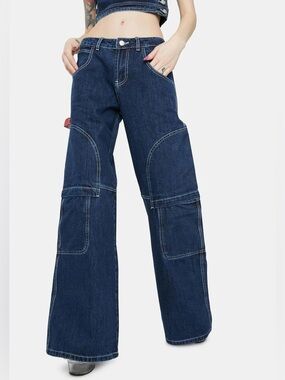 JADED LONDON Oversized Low Rise Carpenter Skater Jeans with Contrast Stitching
